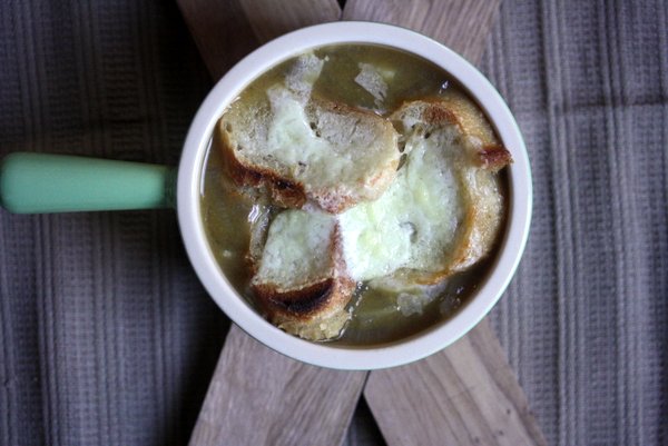 Easy French Onion Soup with Fennel and Gruyere Toasts