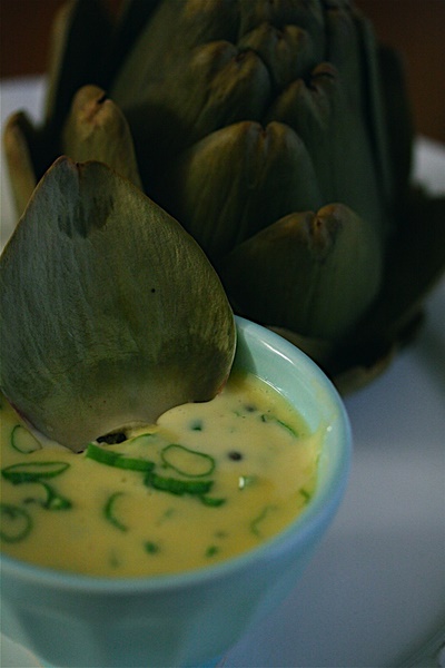 Steamed artichokes with caper-scallion mayonnaise