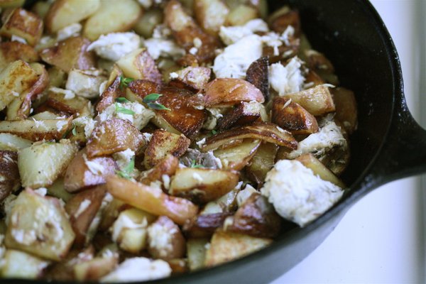 Potato Hash in a Cast Iron Skillet with Bluefish