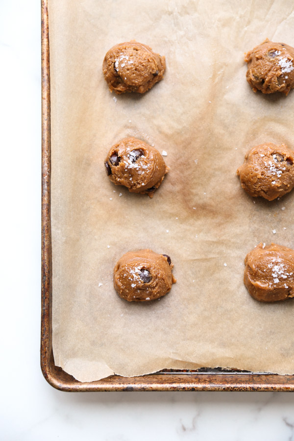 flourless peanut butter cookie recipe batter on a sheet pan