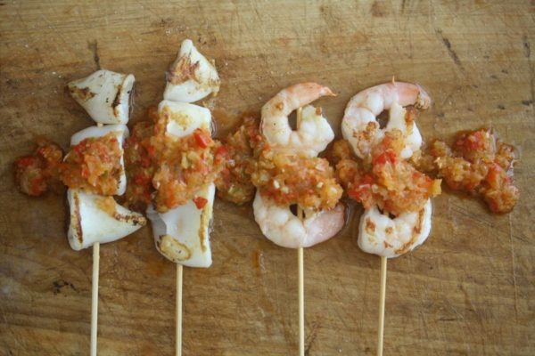 Shrimp Skewers with Squid & Red Pepper Sofrito - One of the best recipes for squid