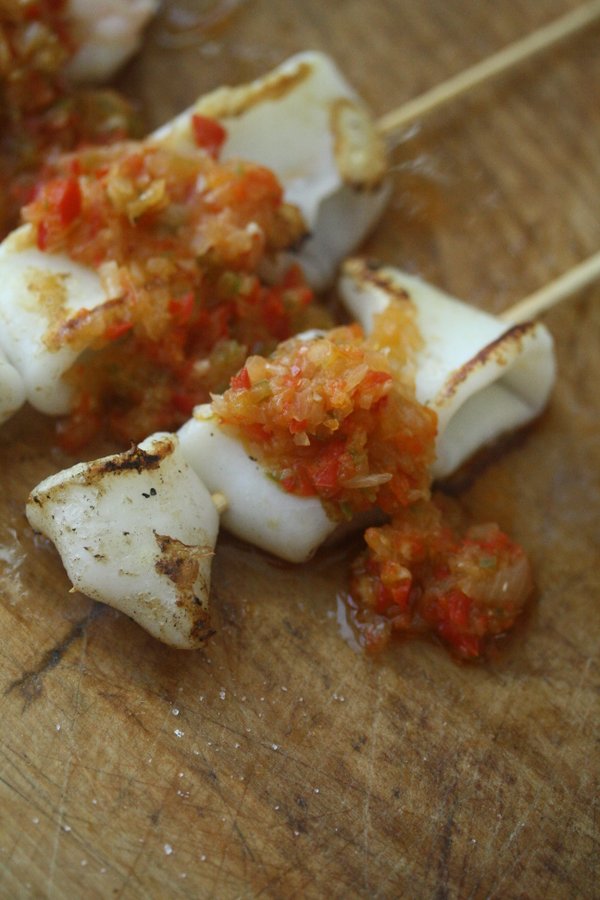 Shrimp Skewer with Squid & Sofrito