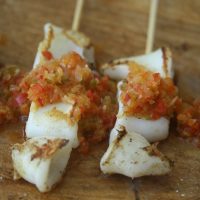 Shrimp Skewers with Red Pepper Sofrito and Squid