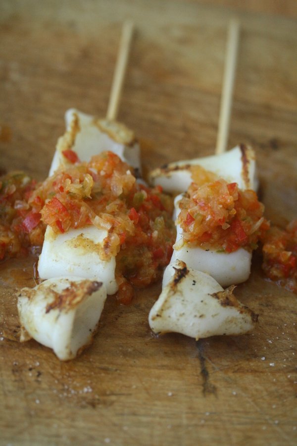 Shrimp Skewers with Squid & Red Pepper Sofrito