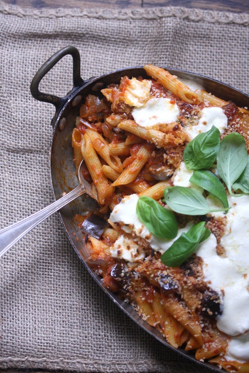 Baked Eggplant Parmesan Penne | features oven baked eggplant and pasta