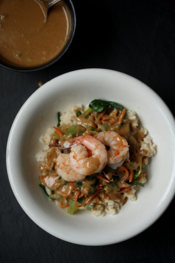 Shrimp Stir Fry with Brown Rice, Bok Choy, and Peanut Sauce