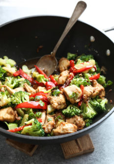 Sesame Chicken with Broccoli and Red Peppers in a Wok