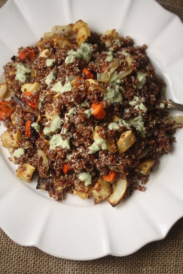 Quinoa Salad with Roasted Carrots, Parnsips, and Green Tahini Dressing