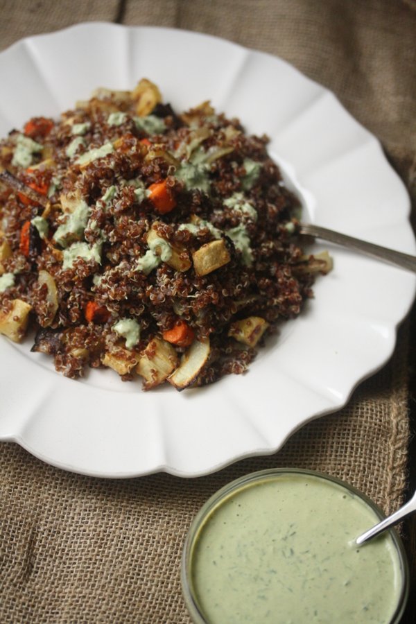 Quinoa Salad with Roasted Carrots, Parnsips, and Green Tahini Dressing