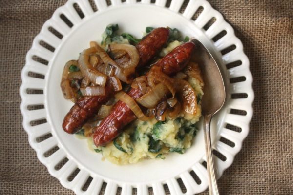 Bangers and Spinach Mash with Cider Onions