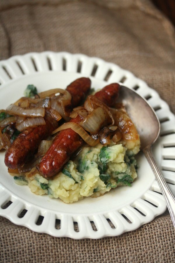 Bangers and Spinach Mash with Cider Onions