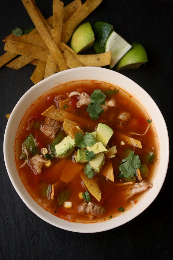 Easy Chicken Tortilla Soup with spring veggies and a spicy broth