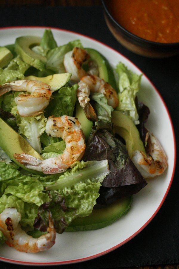 Grilled Shrimp Salad Recipe with Avocado and Carrot Ginger Dressing | Healthy, Gluten-Free Japanese