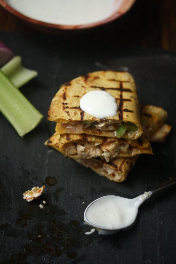 Easy Grilled Buffalo Chicken Quesadillas with Yogurt Sauce | Gluten-Free, Healthy Recipe