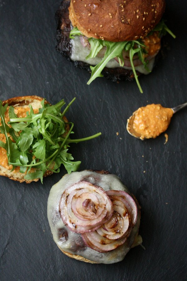 Grilled Portobello Mushroom Burger Recipe with Romesco, Manchego Cheese, and Arugula | Easy Vegetarian Main