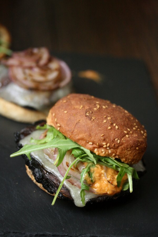 Grilled Portobello Mushroom Burger Recipe with Romesco, Manchego Cheese, and Arugula | Easy Vegetarian Main