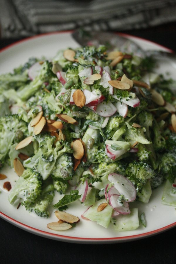 Healthy Broccoli Slaw Recipe With Yogurt Mint Dressing, Radishes and Raisins