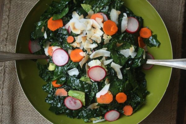 Raw Tuscan Kale Avocado Salad Recipe with Pickled Radishes and Coconut