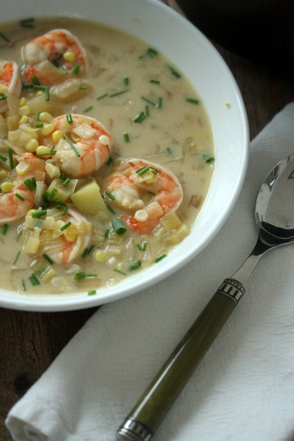 Easy Shrimp and Corn Chowder Recipe with Chives and Leeks | Healthy and Dairy-Free with Coconut Milk Instead of Cream!