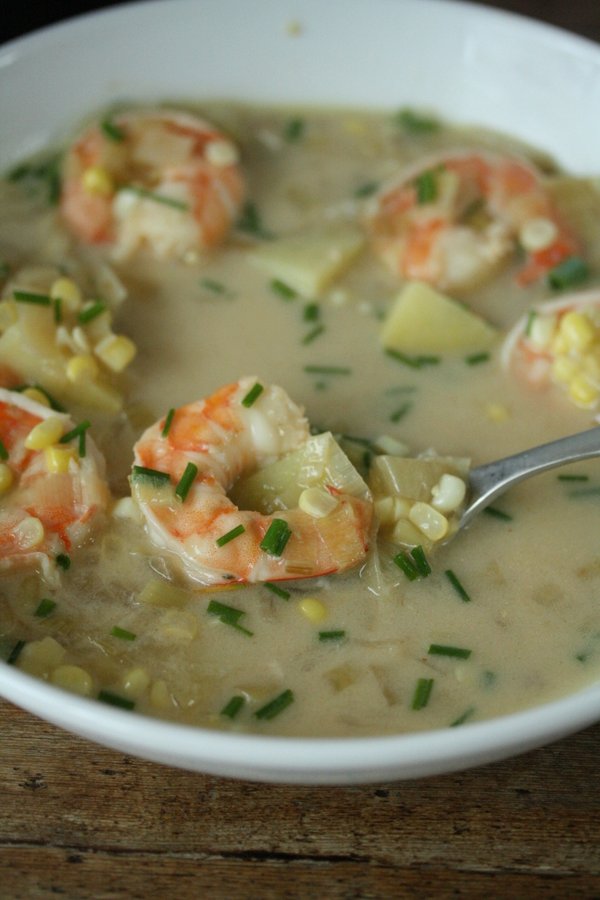 Easy Shrimp and Corn Chowder Recipe with Chives and Leeks | Healthy and Dairy-Free with Coconut Milk Instead of Cream!