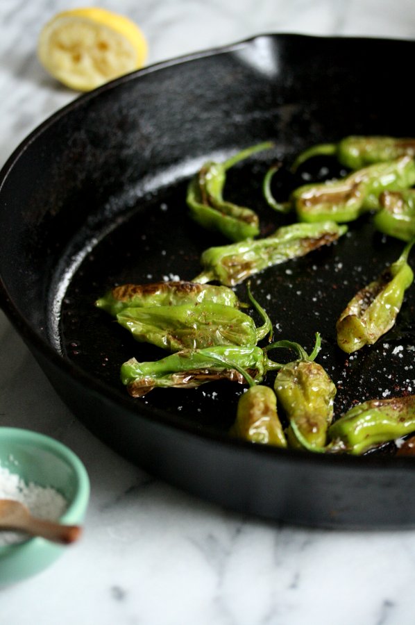 Grilled Shishito Peppers Recipe in a Cast Iron Skillet with Sumac Salt