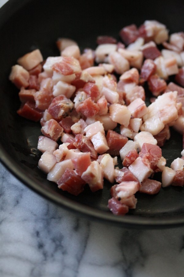 pancetta or slab bacon is perfect for this bacon vinaigrette that coats my warm brussels sprout salad