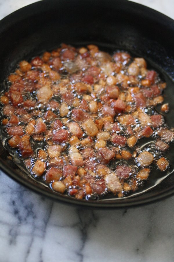 sizzling rendered bacon - about to be the topping for my oven roasted brussels sprout recipe