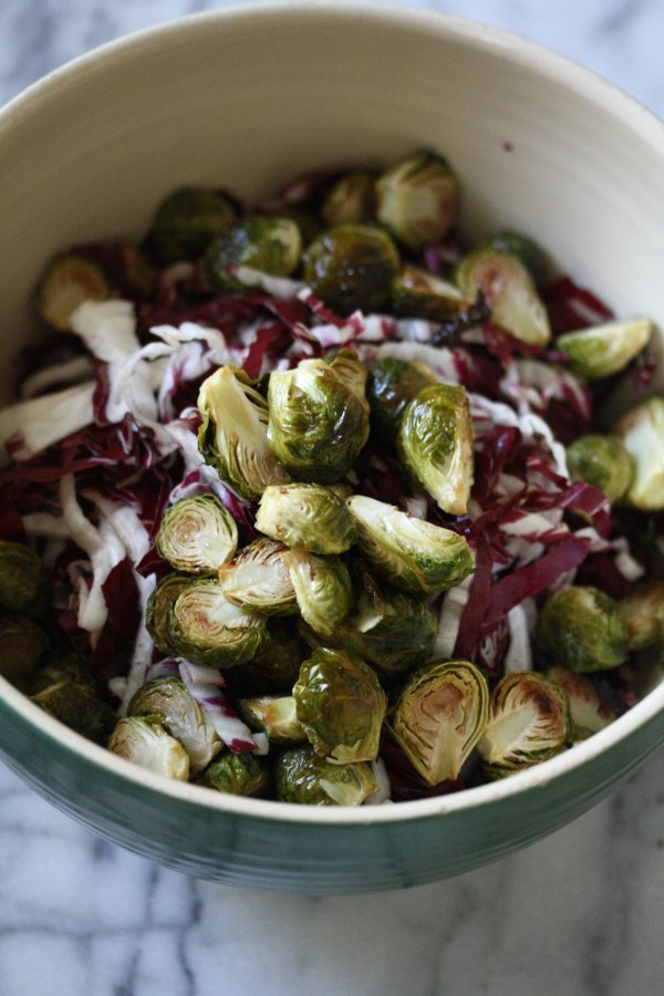 oven roasted brussels sprout salad with radicchio - a great bitter lettuce - and rich bacon vinaigrette