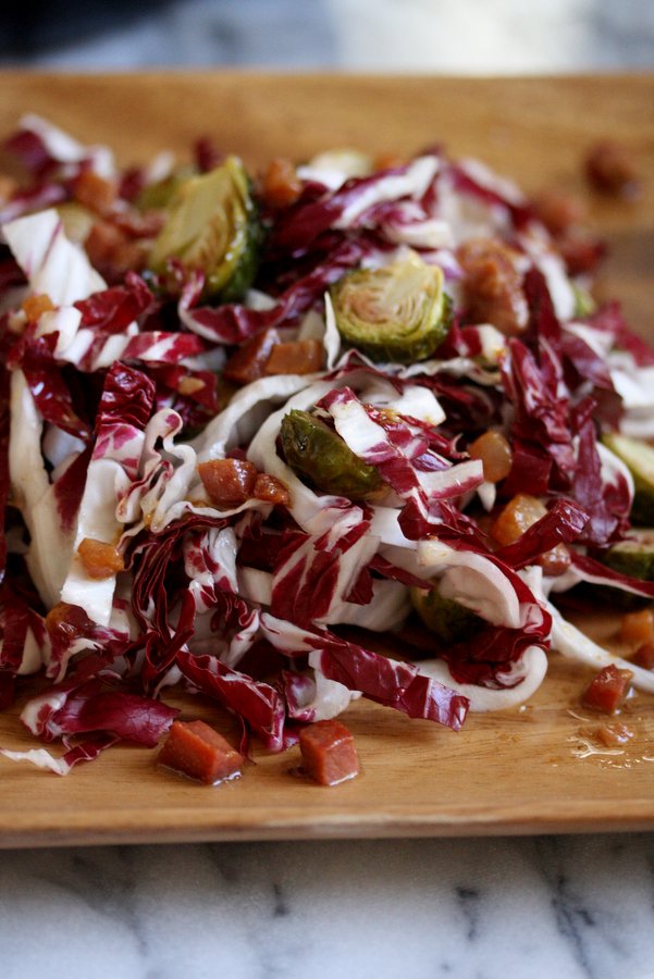Roasted Brussels Sprouts with Bacon - a great fall salad when mixed with radicchio. 