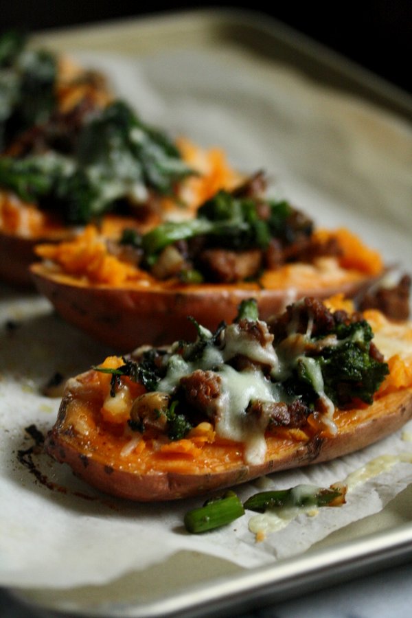 Healthy Roasted Sweet Potato Recipe with Turkey Sausage, Broccoli Rabe and Cheddar Cheese - so easy and quick!