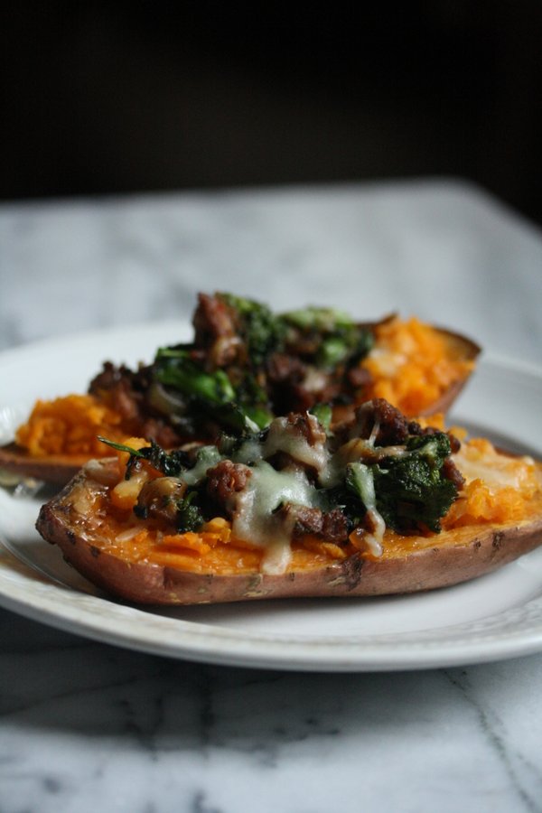 Healthy Roasted Sweet Potato Recipe with Turkey Sausage, Broccoli Rabe and Cheddar Cheese - so easy and quick!