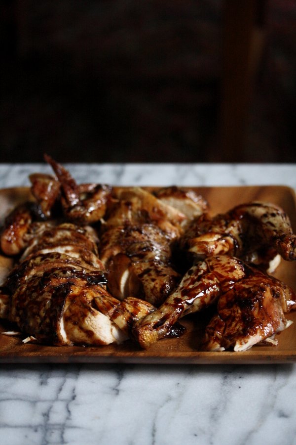 Peking Chicken | Five Spice Roasted Chicken served Peking Duck style with Lettuce Wraps, Scallion and a Soy Glaze