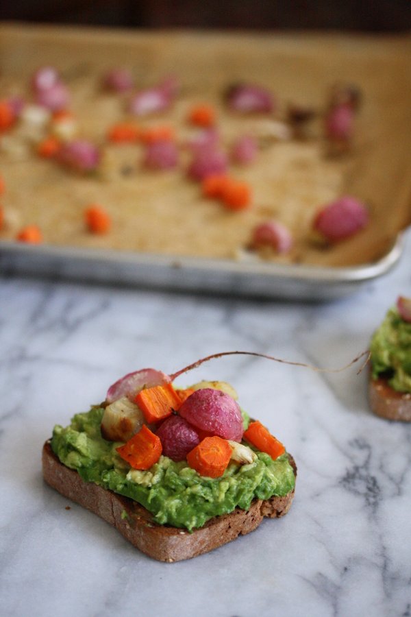 Green Goddess Avocado Toast Recipe with Roasted Spring Vegetables and Tahini Sauce