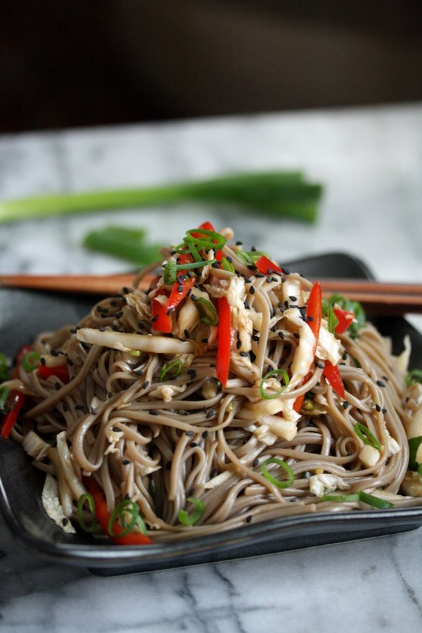 Easy Cold Sesame Soba Noodle Salad with Cabbage Slaw, Peppers, Scallions and Gluten-Free Buckwheat Soba Noodles | Healthy, Dairy-free Asian Noodle Salad
