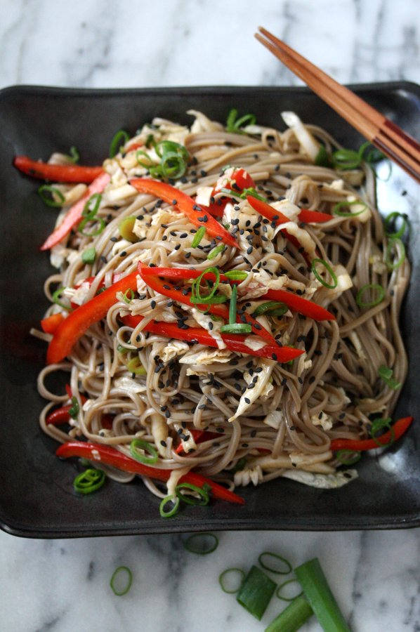 Easy Cold Sesame Soba Noodle Salad with Cabbage Slaw, Peppers, Scallions and Gluten-Free Buckwheat Soba Noodles | Healthy, Dairy-free Asian Noodle Salad