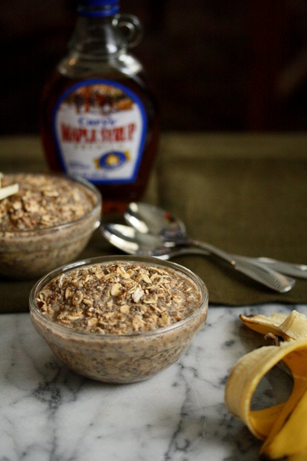 Maple-Chia Overnight Oatmeal Recipe with Almond Butter and Banana in the Refrigerator | Raw, Healthy, Vegan, Gluten-Free