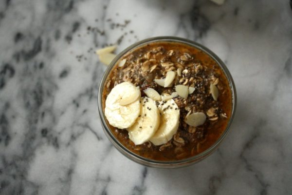 Maple-Chia Overnight Oatmeal Recipe with Almond Butter and Banana in the Refrigerator | Raw, Healthy, Vegan, Gluten-Free