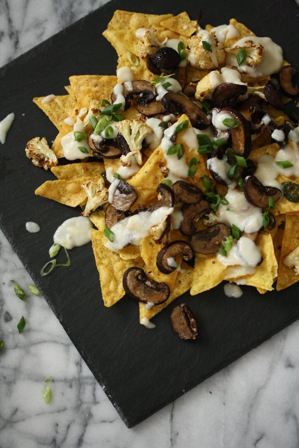 Vegetarian Healthy Nachos Recipe with Roasted Mushrooms, Jalapeno Chiles, Scallions, and a Cauliflower Cheese Sauce | The Best Low Fat Gluten-Free Queso