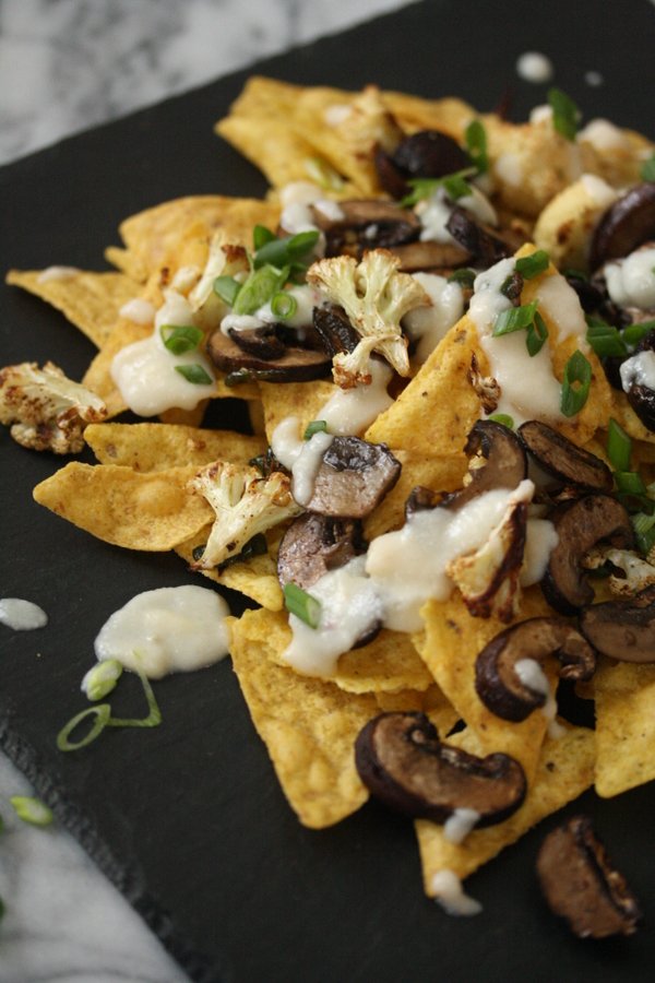 Vegetarian Healthy Nachos Recipe with Roasted Mushrooms, Jalapeno Chiles, Scallions, and a Cauliflower Cheese Sauce | The Best Low Fat Gluten-Free Queso