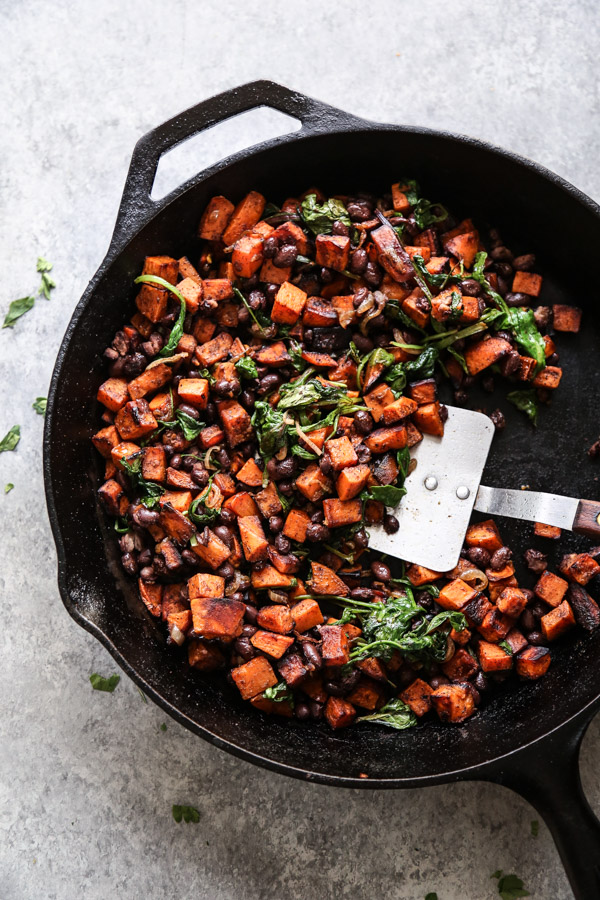 sweet potato black bean hash in a skillet
