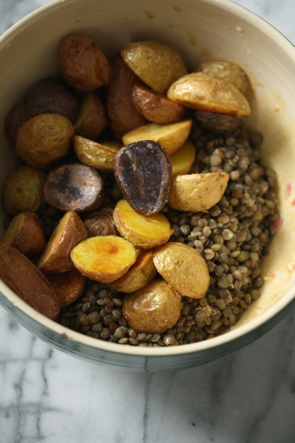 French Green Lentils get tossed with Roasted Baby Potatoes, Fresh Herbs, and Red Wine Dijon Vinaigrette in this Health Salad Recipe, Served Warm or Cold