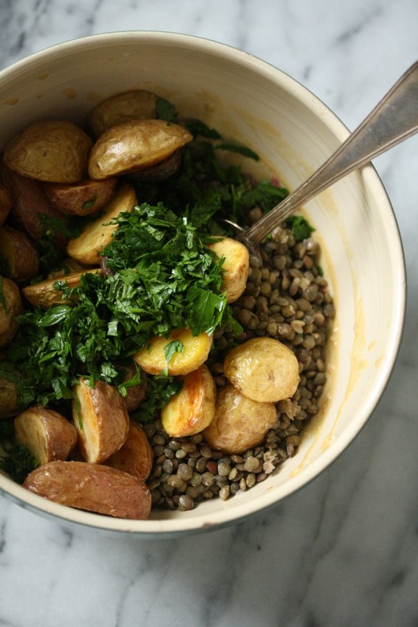 French Green Lentils get tossed with Roasted Baby Potatoes, Fresh Herbs, and Red Wine Dijon Vinaigrette in this Health Salad Recipe, Served Warm or Cold