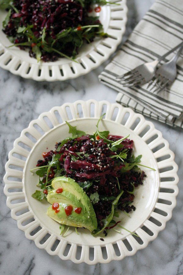 Asian Braised Red Cabbage Recipe with Black Rice, Avocado and Arugula | Warm Purple Cabbage Slaw | Easy, Healthy Salad