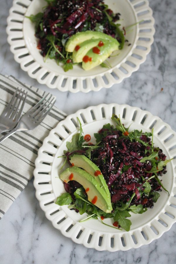 Asian Braised Red Cabbage Recipe with Black Rice, Avocado and Arugula | Warm Purple Cabbage Slaw | Easy, Healthy Salad