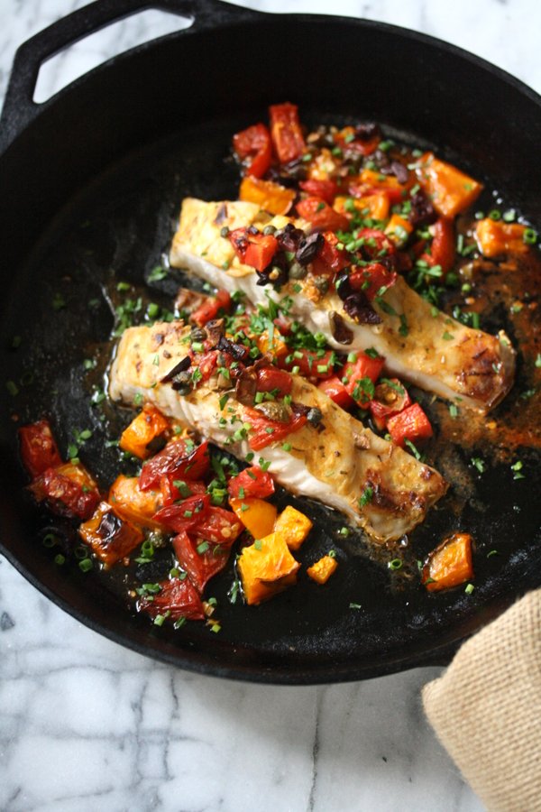 Broiled Striped Bass Recipe with Provencal Tomatoes and Olives | Healthy Fish Recipe