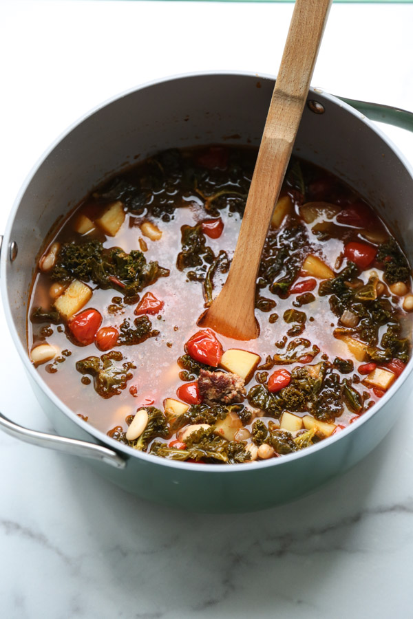 Traditional Portuguese Kale Soup in a pot