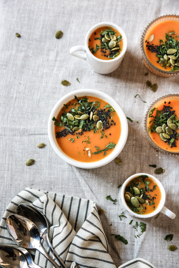 Vegan Easy Roasted Carrot Soup with Creamy Potatoes, Leeks, Miso and Black Sesame
