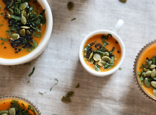 Easy Creamy Roasted Carrot Soup with Potatoes, Leeks, Miso and Black Sesame