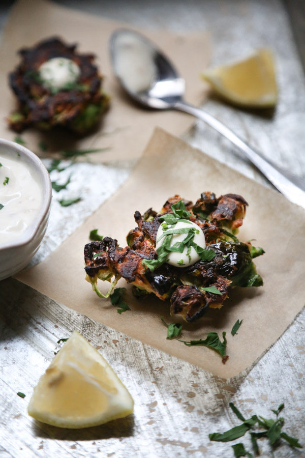 Gluten-Free Brussels Sprout Latkes with Anchovy Aioli | Healthy Appetizers