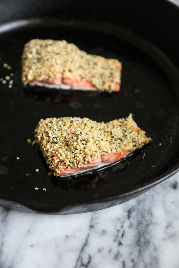 Hemp Crusted Salmon with Beet Hummus, Greens, and Lemon-Tahini Sauce | Healthy Fish Recipes